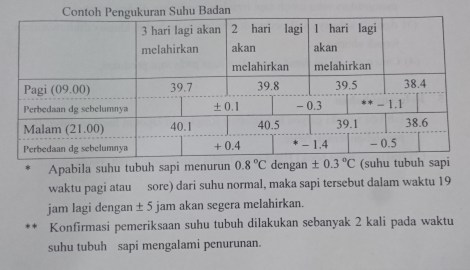 Tabel pengukuran suhu sapi estimasi lahir